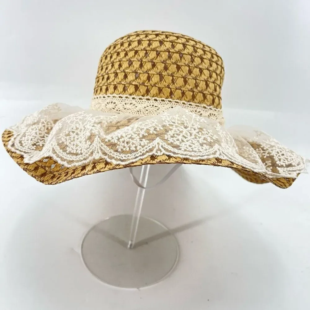 Women's Beach Straw Hat cottagecore Lace Chin Strap Outdoor Travel Panama One Si